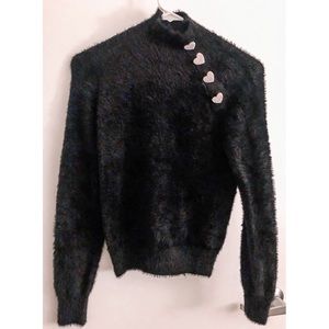 Zara black faux fur sweater with pearl hearts